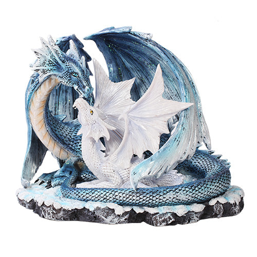 A blue and white dragon share a tender moment in the snow
