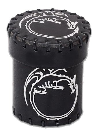 Black leather dice cup with silver white dragon design