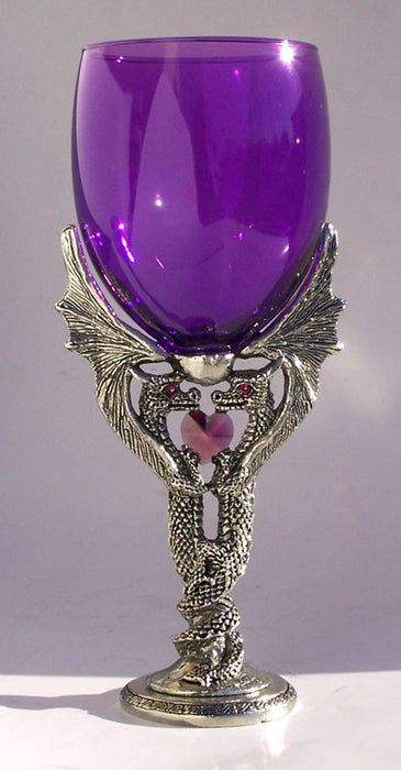 two dragons as base holding heart with a purple wine glass on top