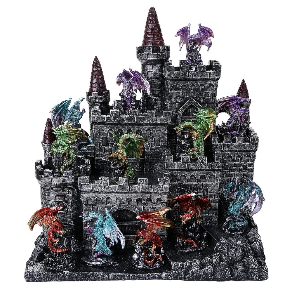 Set with dark faux-stone castle and 12 dragons in assorted colors and poses