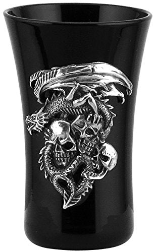 Shot glass in black with a pewter emblem of a dragon and three skulls