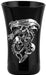 Shot glass in black with a pewter emblem of a dragon and three skulls