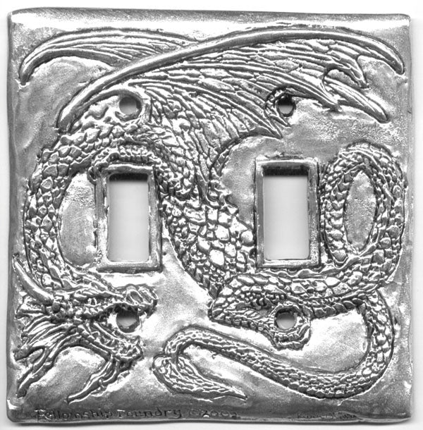 double pewter switch plate with long tailed and winged dragon