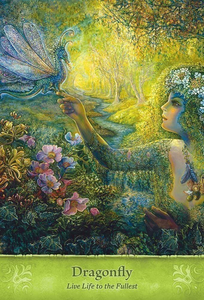 Card example - "Dragonfly - Live Life to the Fullest" showing a magical moss woman holding a small dragonfly-winged dragon in a flower forest setting