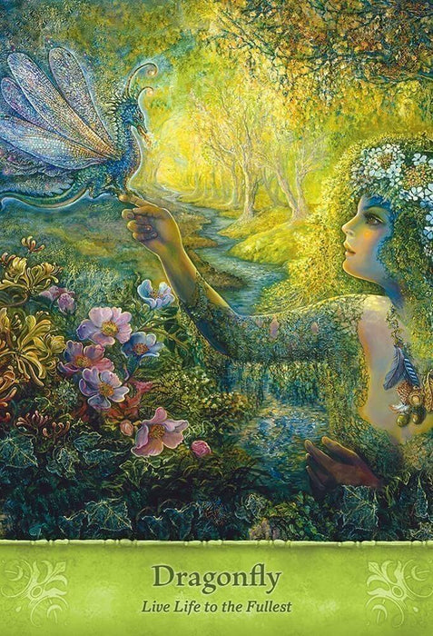 Card example - "Dragonfly - Live Life to the Fullest" showing a magical moss woman holding a small dragonfly-winged dragon in a flower forest setting