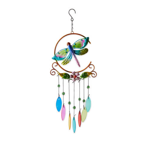 Dragonfly windchime in a rainbow of colors with glass leaves dangling below