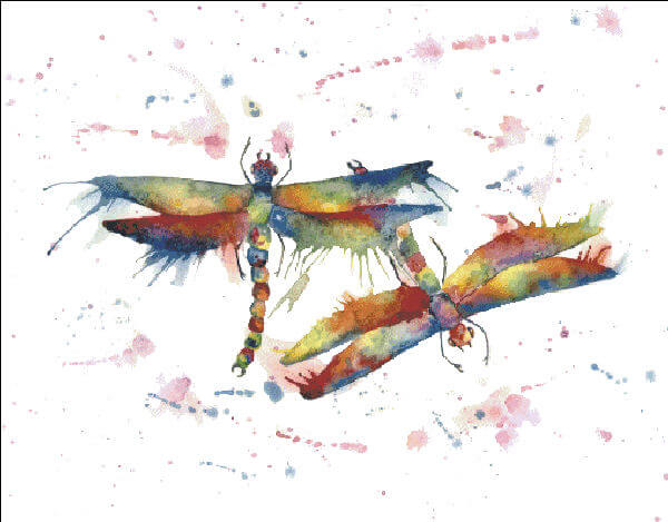 Cross stitch pattern showing two rainbow dragonflies in watercolor style