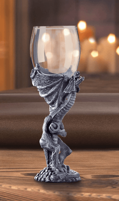 Rearing dragon goblet on a wooden table