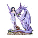 A fairy in purple dress, stockings, and with purple wings walks with a violet dragon holding out a flower