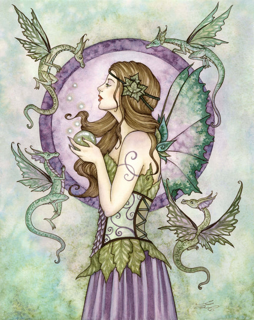 Fairy with a green bodice and purple skirt and four dragons
