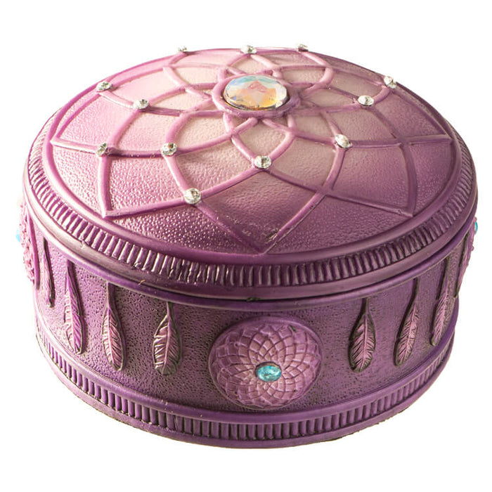 Pink-purple dreamcatcher themed trinket box accented with jewels.