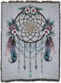 Tapetry blanket - dreamcatcher with feathers, flowers, and crystals on a gray background