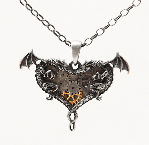 Dual Dragons Heart Necklace