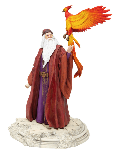 Figurine of Dumbeldore in red and purple robes holding his firebird, Fawkes