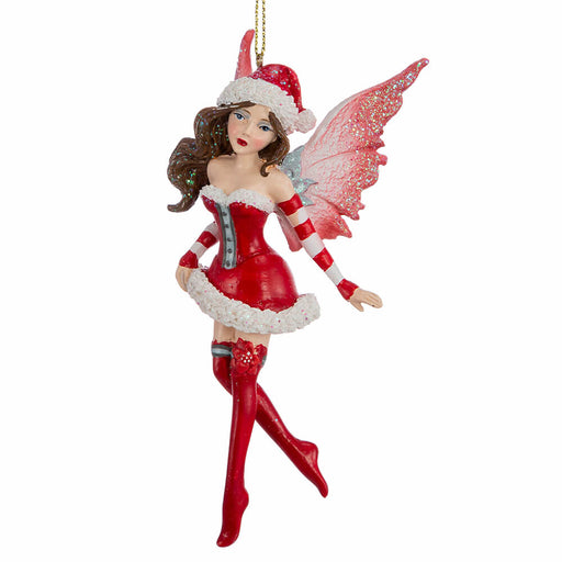 Amy Brown fairy ornament of pixie dressed in red Santa Claus outfit.