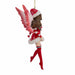 Side view of Amy Brown fairy ornament of pixie dressed in red Santa Claus outfit.