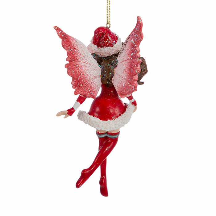 Back view of Amy Brown fairy ornament of pixie dressed in red Santa Claus outfit.