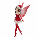 Side view of Amy Brown fairy ornament of pixie dressed in red Santa Claus outfit.