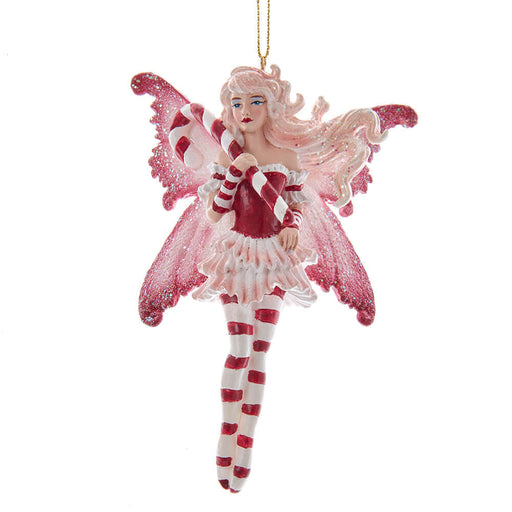 Amy Brown Fairy ornament in red, pink, and white, holding a candy cane.