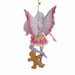 Back view of Fairy ornament by Amy Brown with pink wings and shirt, brown and purple accents, and a gingerbread man