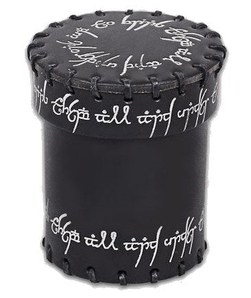 Black leather dice cup with silver white writing. The cup features elvish writing around the lid and sides of the sturdy, sewn leather cup