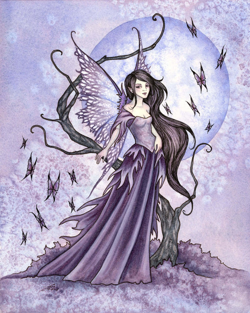 A fairy with long hair in purple is surrounded by butterflies in front of a violet full moon