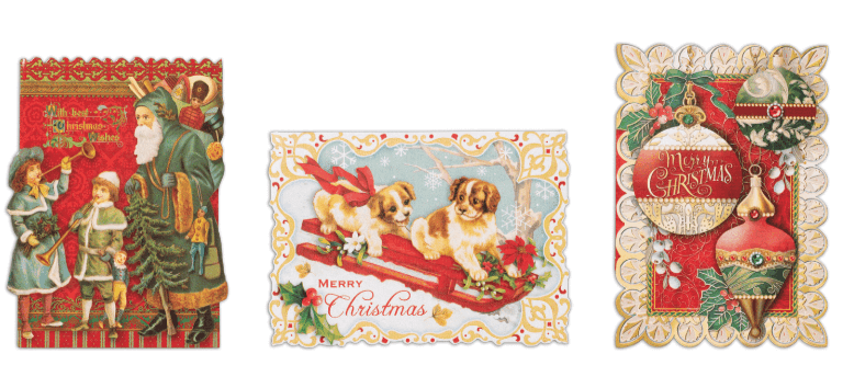 Cards featuring Santa & children, puppies on a sled, and ornaments