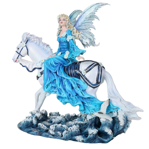 Based upon the artwork of Nene Thomas, it features a stunning blond fairy in a blue dress, flowers dotting her outfit and her hair. She rides upon a pale steed, who happily carries her through the waves. A seagull keeps pace with the pair, winging along above the water.