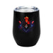 Lidded tumbler mug, image showing front. Maleficent from sleeping Beauty is on the front in red, blue, and black, with a heart and dagger image. 