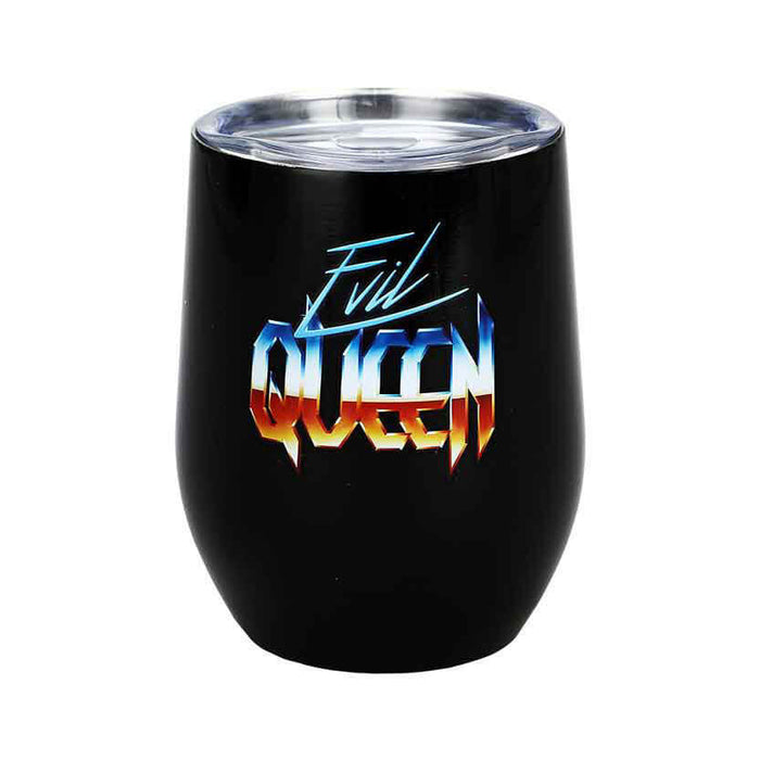 Lidded tumbler mug, image showing back. On the back text reads Evil Queen