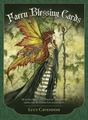 Faery Blessing Cards box cover. Text at the bottom reads "Healing gifts and shining treasures from the realm of enchantment" By Lucy Cavendish. The art (by Amy Brown) shows a fairy queen with autumn colored wings in a green dress holding a staff