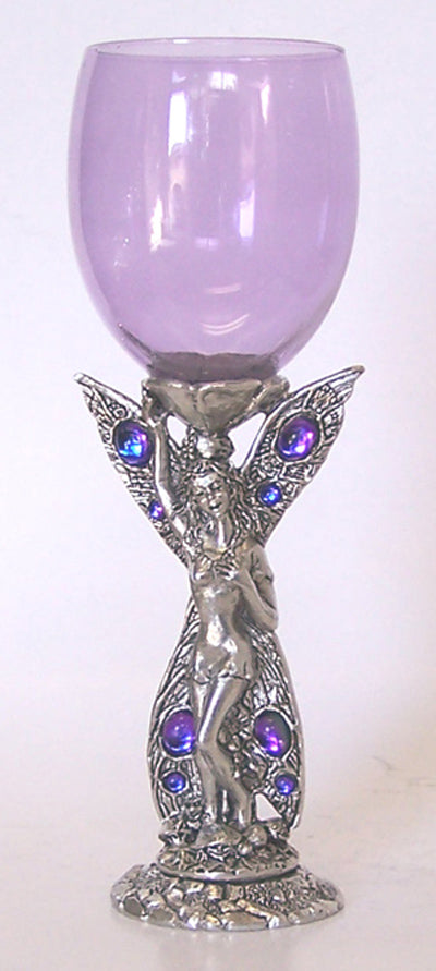 purple colored wine glass with fairy standing inlayed with gems for base and stem