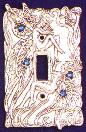 pewter switch plate with two fairies that have gems inlayed in their wings