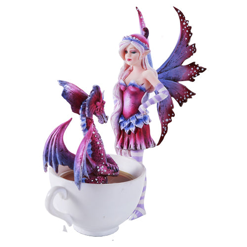 Fairy in magenta and purple with matching wings, staring at a pink and purple dragon in a coffee cup