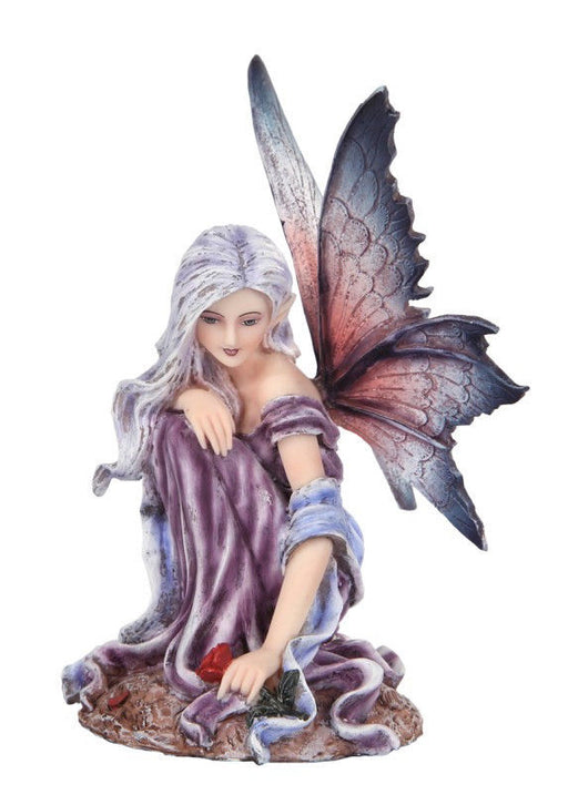 A fairy with a mauve-purple dress and light lilac hair bends to pick up a red rose.