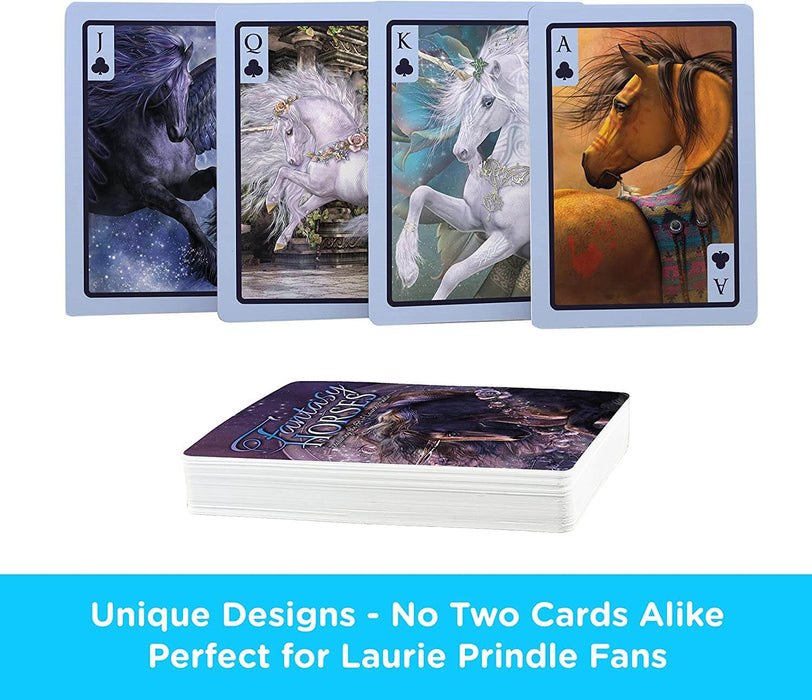 Cards shown including Ace of clubs with tribal horse, King and Queen of clubs each with white unicorns, and Jack of clubs with black pegasus. Text reads "Unique designs - No two cards alike. Perfect for Laurie Prindle fans"