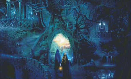 Farewell to Lothlorien scene of elves leaving the forest city from Lord of the Rings. Finished cross stitch art by Alexandra V. Bach.