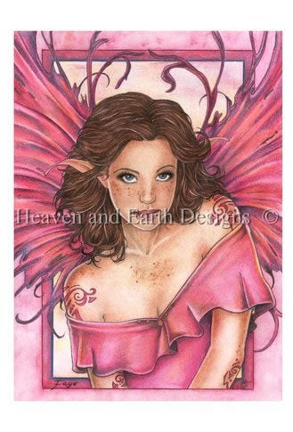 This lovely fairy is a rosy hued vision. With brown hair, freckles, swirling tattoos and ornate wings, she makes for quite a sight. Art by Marjolein Gulinski