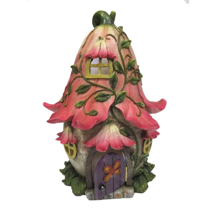Fairy house figurine garden accent with LED inside, pink flower roof