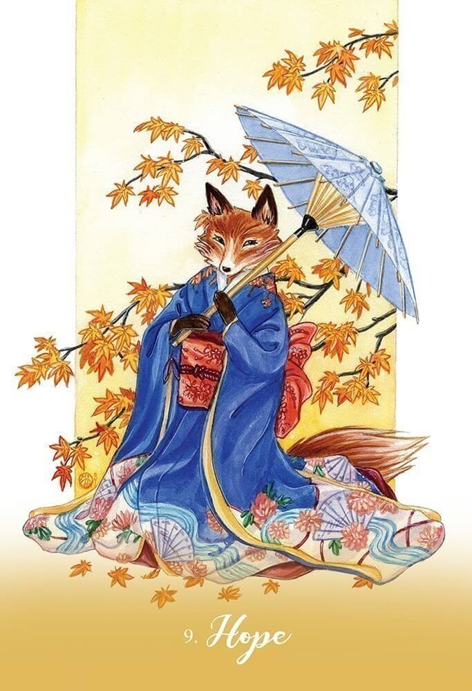 Card example, "Hope" showing a fox holding a parasol in a kimono