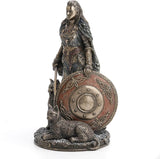 Shieldmaiden Freya the Norse goddess standing with sword, shield, and two cats, shown from the side