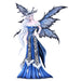 Fairy figurine with white hair and blue wings, wearing a blue and white dress and an antler crown