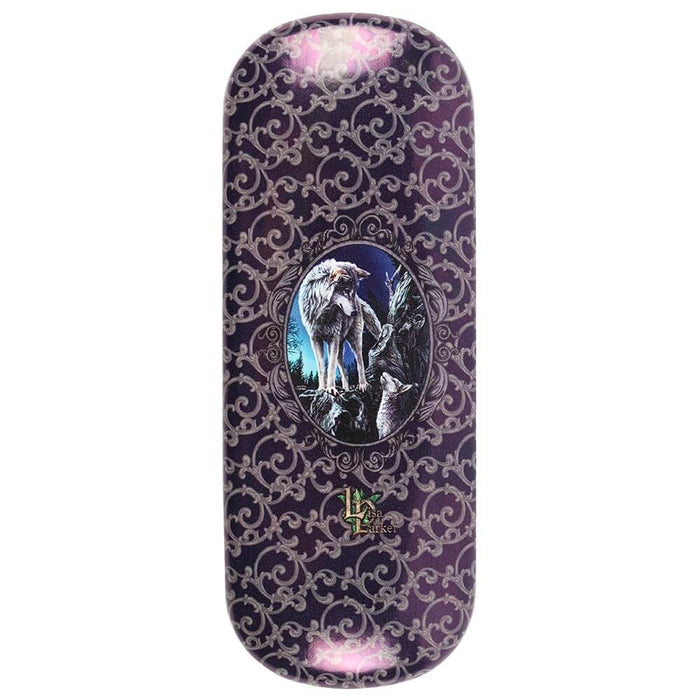 Back of the eyeglass case with swirling floral pattern, the wolves in cameo, and Lisa Parker logo