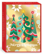 Christmas Cards with three stylized trees in green and pink and a gold background