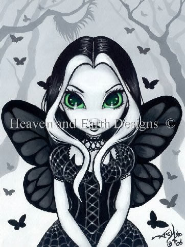 The fairy is done in ebony and ivory with black butterflies flitting through the silver forest behind. The pixie has captivating green eyes to add just the right touch of dramatic magic! By Jasmine Becket-Griffith