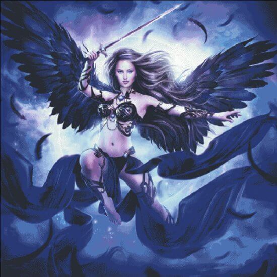 Finished cross stitch art of an angelic warrior woman swooping in on black wings with a sword. She wears black bra and armor.