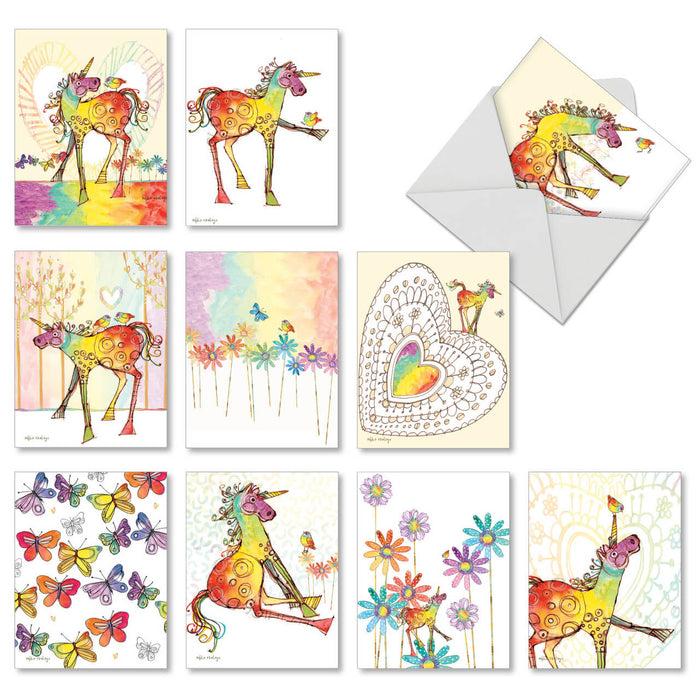 Set of blank unicorn notecards featuring rainbow colors and flowers