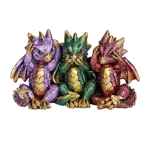 Hear, Speak, See No evil dragons sitting together in purple, green and red accented with metallic gold