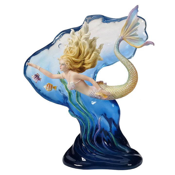 Mermaid figurine with transparent resin wave and two fish