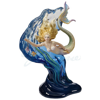 Mermaid figurine with transparent resin wave and two fish